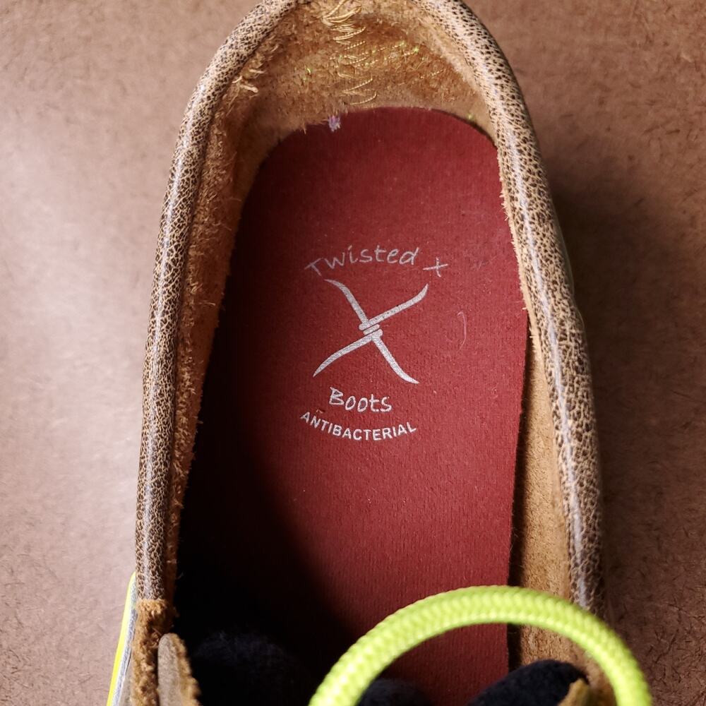 Twisted X Driving Mocs Women 8.5M Brown Leather Neon Yellow WDM0010 Boat Shoe - Picture 5 of 8